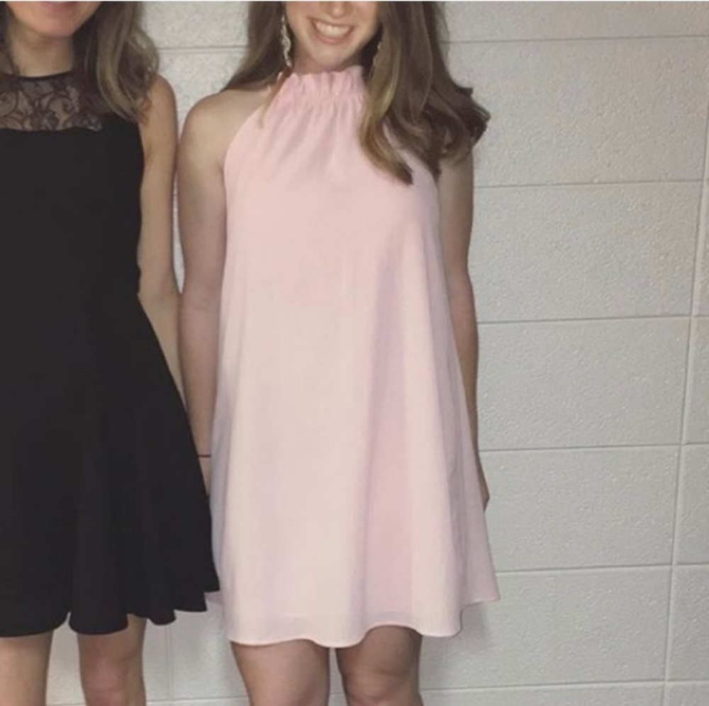 Pink Ruffle Neck Cocktail Dress - Picture 2 of 4